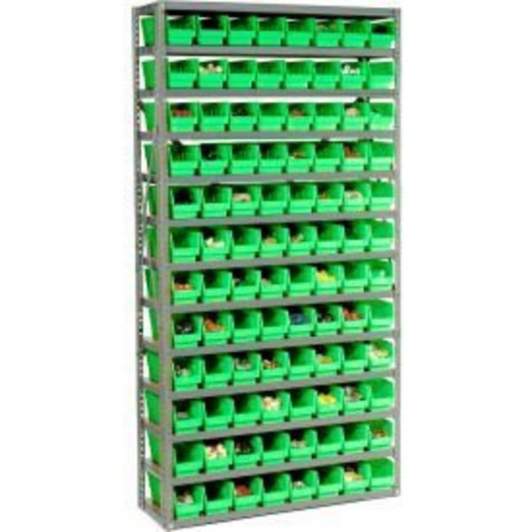 Global Equipment Steel Shelving with 96 4"H Plastic Shelf Bins Green, 36x12x72-13 Shelves 603443GN